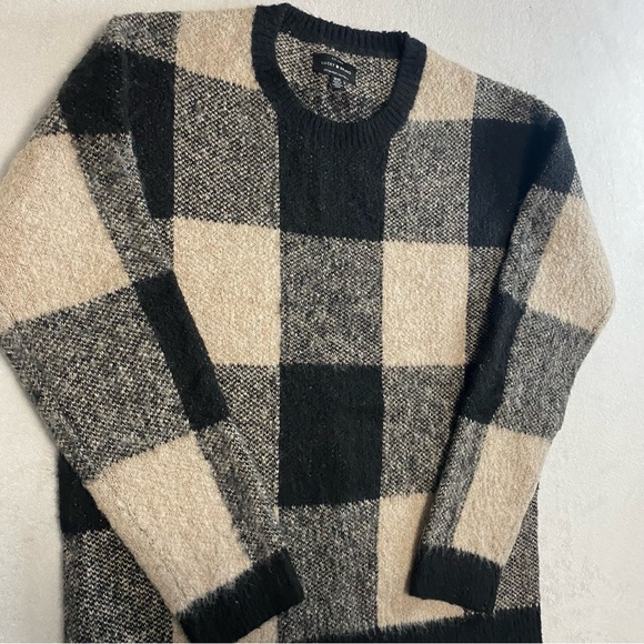 Lucky Brand Tan Plaid Buffalo Check Fuzzy Wool Blend Long Sleeve Sweater Size M - Picture 4 of 8